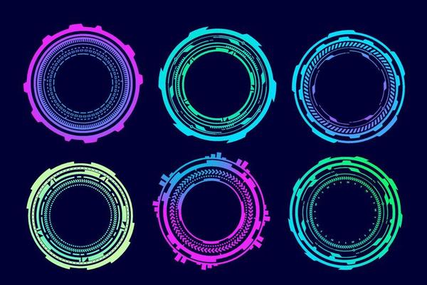 HUD futuristic elements. Abstract optical neon aim. Circle geometric shapes for virtual interface and games. Camera viewfinder for sniper weapon. Vector set