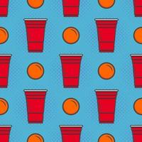 Beer pong seamless pattern. Red plastic cups on blue background. Famous american party drinking game. Vector background