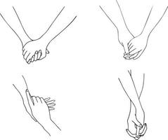 Hand drawn hands isolated on white background. Hand in hand. One line contour drawing. Outline holding hands. Hands of lovers. Vector illustration