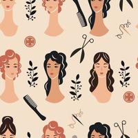 Seamless pattern with women faces buttons combs sawing needles vector