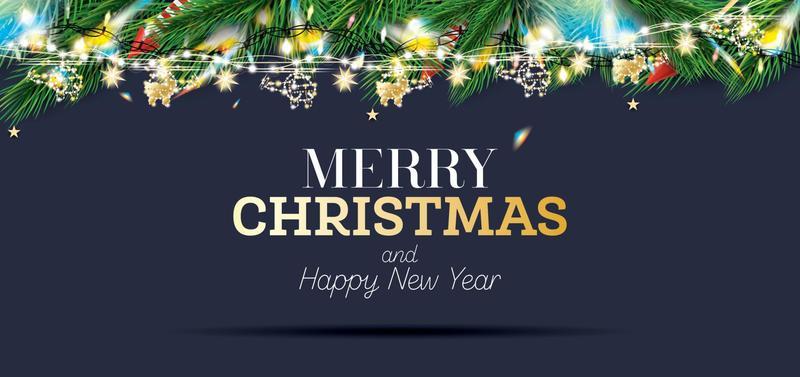 Fir Branches with Neon Lights and Golden Garland with Helicopters on Blue Background.