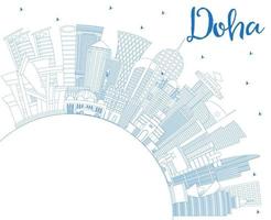 Outline Doha Qatar City Skyline with Blue Buildings and Copy Space. vector