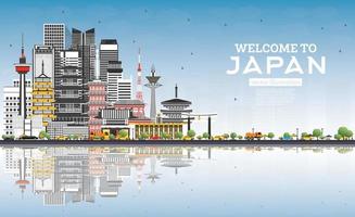 Welcome to Japan Skyline with Gray Buildings, Blue Sky and Reflections. vector