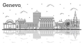 delinear el horizonte de la ciudad de ginebra suiza con edificios modernos y reflejos aislados en blanco. vector