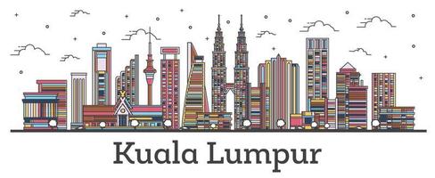 delinear el horizonte de la ciudad de kuala lumpur malasia con edificios de color aislados en blanco. vector