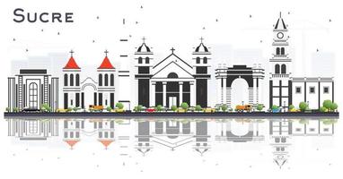 horizonte de la ciudad de sucre bolivia con edificios grises y reflejos aislados en blanco. vector