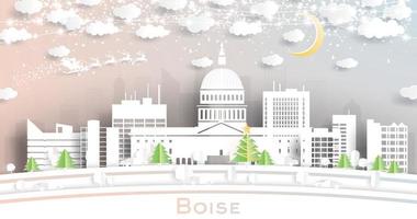 Boise Idaho USA City Skyline in Paper Cut Style with Snowflakes, Moon and Neon Garland. vector