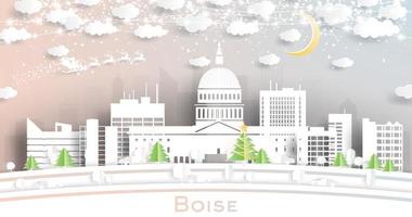 horizonte de la ciudad de boise idaho usa en estilo de corte de papel con copos de nieve, luna y guirnalda de neón. vector