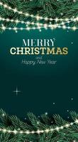 Merry Christmas and Happy New Year Greeting Card. Fir Branch with Neon Garland on Green Background with Copy Space. vector