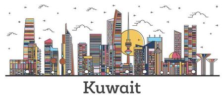 Outline Kuwait City Skyline with Color Buildings Isolated on White. vector