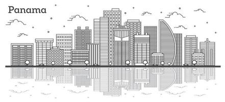 Outline Panama City Skyline with Modern Buildings and Reflections Isolated on White. vector