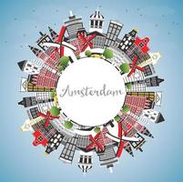 horizonte de la ciudad de amsterdam holanda con edificios de color, cielo azul y espacio de copia. vector