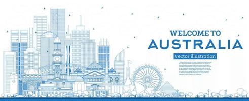 Outline Welcome to Australia Skyline with Blue Buildings. vector