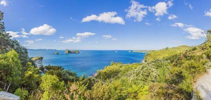 Panoramic view over cliffy shore of Te Whanganui-A-Hei Marine Reserve on Northern island in New Zealand in summer photo