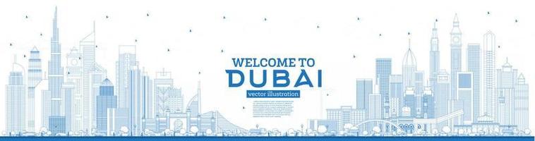 Outline Welcome to Dubai UAE Skyline with Blue Buildings. vector