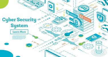 Outline Cyber Security Concept. Isometric Illustration Isolated on White. vector