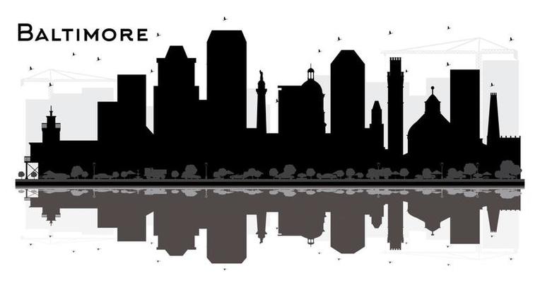 Baltimore Maryland City Skyline Silhouette with Black Buildings and Reflections Isolated on White.