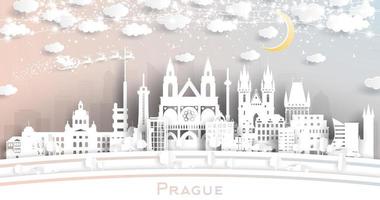 horizonte de la ciudad de la república checa de praga en estilo de corte de papel con copos de nieve, luna y guirnalda de neón. vector