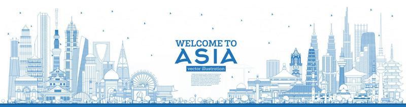 Outline Welcome to Asia Skyline with Blue Buildings.