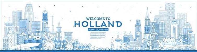 Outline Welcome to Netherlands Skyline with Blue Buildings. vector