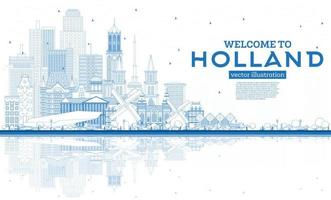 Outline Welcome to Netherlands Skyline with Blue Buildings. vector