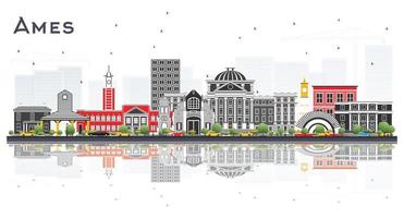 Ames Iowa Skyline with Color Buildings and Reflections Isolated on White. vector