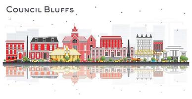 Council Bluffs horizonte de iowa con edificios de color y reflejos aislados sobre fondo blanco. vector