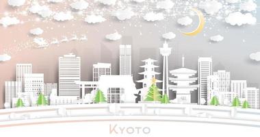 horizonte de la ciudad de kyoto japón en estilo de corte de papel con copos de nieve, luna y guirnalda de neón. vector