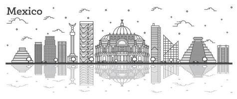 Outline Mexico City Skyline with Historical Buildings and Reflections Isolated on White. vector