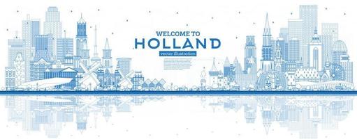 Outline Welcome to Netherlands Skyline with Blue Buildings. vector