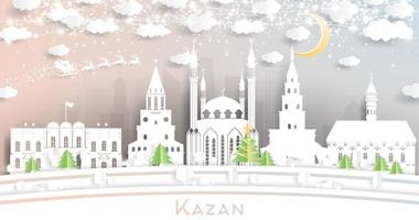 horizonte de la ciudad de kazan rusia en estilo de corte de papel con copos de nieve, luna y guirnalda de neón. vector