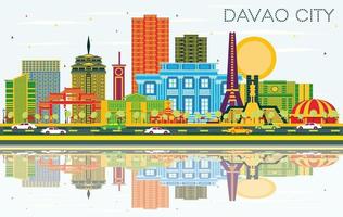 Davao City Philippines Skyline with Color Buildings, Blue Sky and Reflections. vector