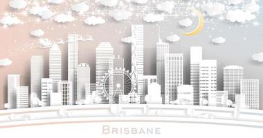 el horizonte de la ciudad de brisbane, australia, en estilo de corte de papel con copos de nieve, luna y guirnaldas de neón. vector