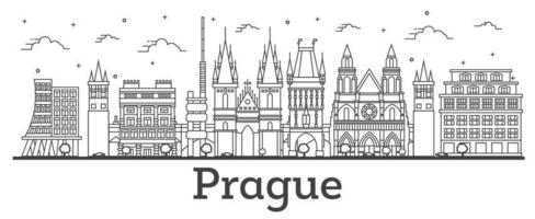 delinear el horizonte de la ciudad de praga república checa con edificios históricos aislados en blanco. vector