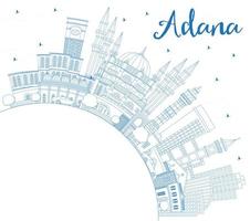 delinee el horizonte de la ciudad de adana turquía con edificios azules y copie el espacio. vector