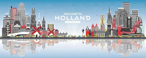 Bienvenido al horizonte de Holanda con edificios grises y cielo azul. vector