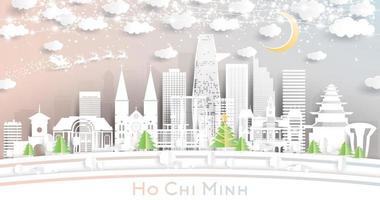 horizonte de la ciudad de ho chi minh vietnam en estilo de corte de papel con copos de nieve, luna y guirnalda de neón. vector