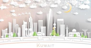 horizonte de la ciudad de kuwait en estilo de corte de papel con copos de nieve, luna y guirnalda de neón. vector