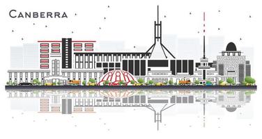 horizonte de la ciudad de canberra australia con edificios grises y reflejos aislados en blanco. vector