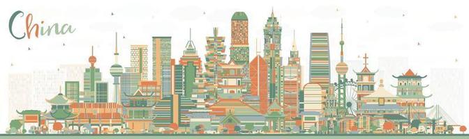 China City Skyline with Color Buildings. Famous Landmarks in China. vector