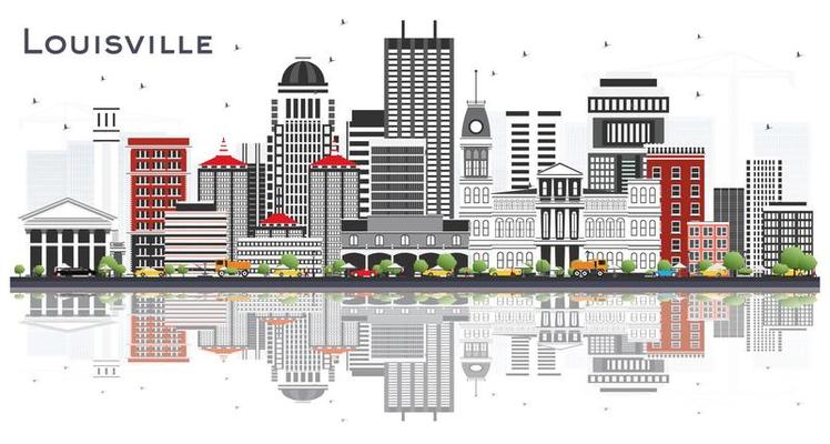 Louisville Kentucky USA City Skyline with Gray Buildings and Reflections Isolated on White.