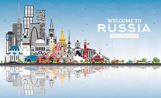 Welcome to Russia Skyline with Gray Buildings and Blue Sky. vector