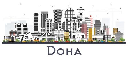 Doha Qatar City Skyline with Color Buildings Isolated on White. vector
