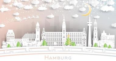 el horizonte de la ciudad de hamburgo, alemania, en estilo de corte de papel con copos de nieve, luna y guirnalda de neón. vector