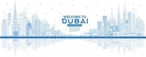 Outline Welcome to Dubai UAE Skyline with Blue Buildings and Reflections. vector