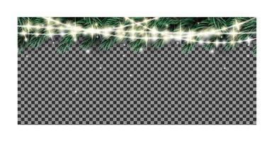 Fir Branch with Neon Garland Lights on Transparent Background. vector