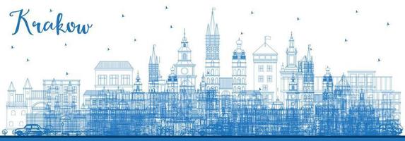 delinear el horizonte de la ciudad de Cracovia, Polonia, con edificios azules. vector