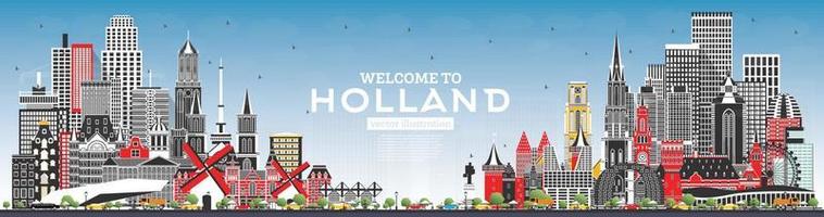 Bienvenido al horizonte de Holanda con edificios grises y cielo azul. vector
