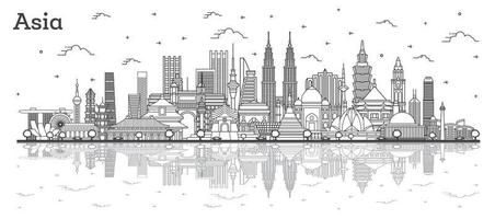 Asian Landscape. Outline Famous Landmarks in Asia with Reflections. vector