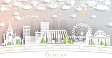 Geneva Switzerland City Skyline in Paper Cut Style with Snowflakes, Moon and Neon Garland. vector